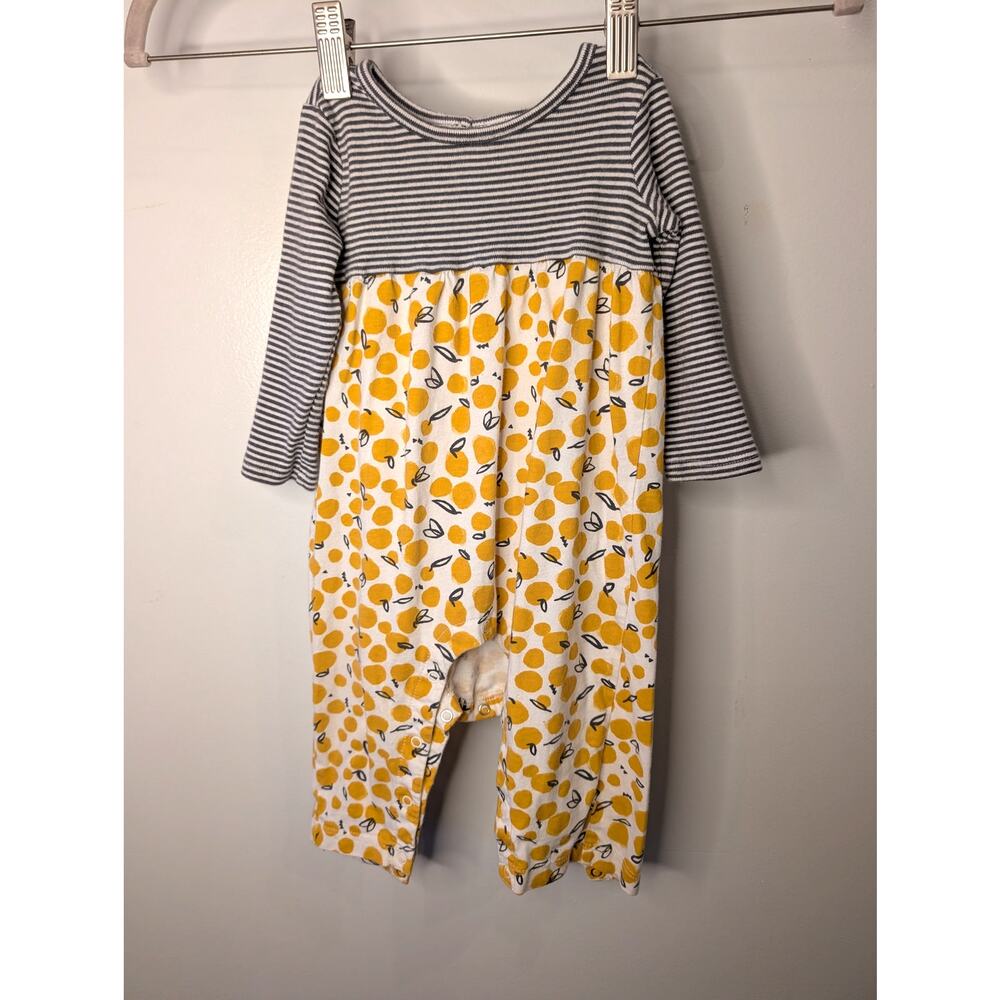 Tea Collection Baby Romper 6-9M Gray Stripe Lemon Print Long Sleeve Cotton